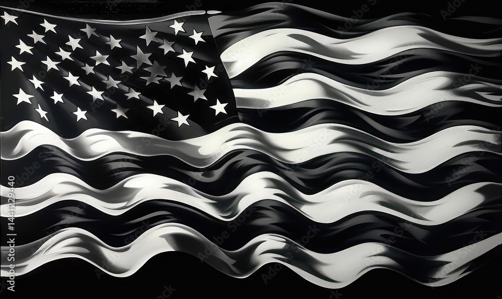 Poster waving monochrome flag with stars and stripes creating dynamic flowing movement and contrast, evokin