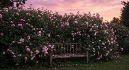 Cozy wooden bench surrounded by blooming pink and white roses in a serene garden setting with a colorful sunset sky in the background