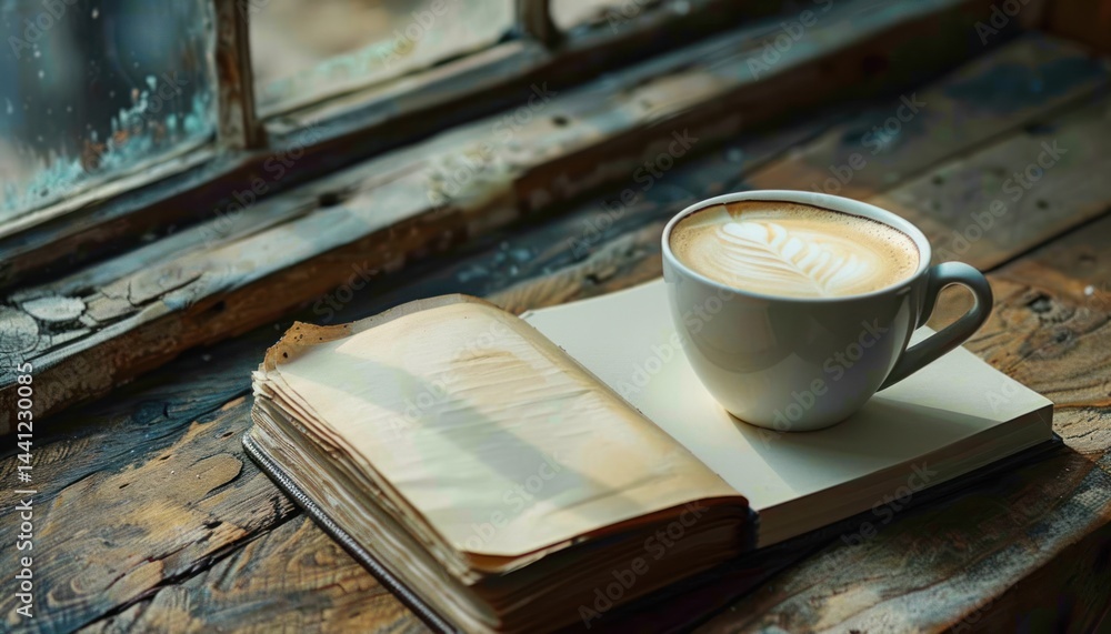 Poster cup of coffee with latte art resting on an open book on a rustic wooden table by a window with sunli