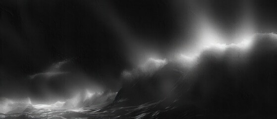 dark and moody ocean waves crashing against a rugged coastline under a glowing, cloudy sky emitting diffuse light