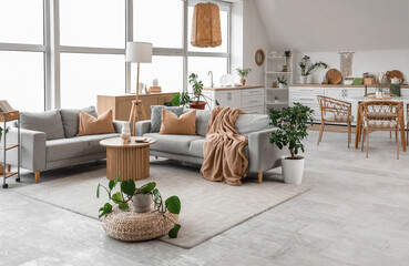 Interior of stylish studio apartment with living room and kitchen