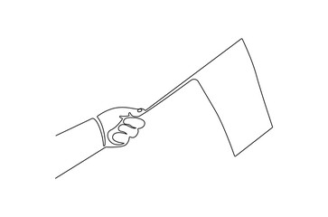 Continuous one line drawing of Hand holding flag. Single line drawing illustration of Hand hold flag. Celebration victory concept vector art. Doodle line illustration.