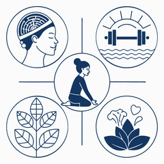 Wellness and Self-Care Line Icon Set: Vector Pictograms Illustrating Mental Clarity, Fitness, Nutrition, Relaxation, Meditation, Mental Health, Stress Relief, and Mind-Body Connection