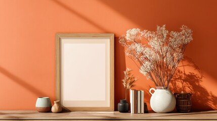 Blank vertical frame mockup on warm orange wall with boho style decor Generative AI