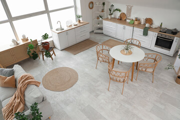 Interior of stylish studio apartment with living room and kitchen