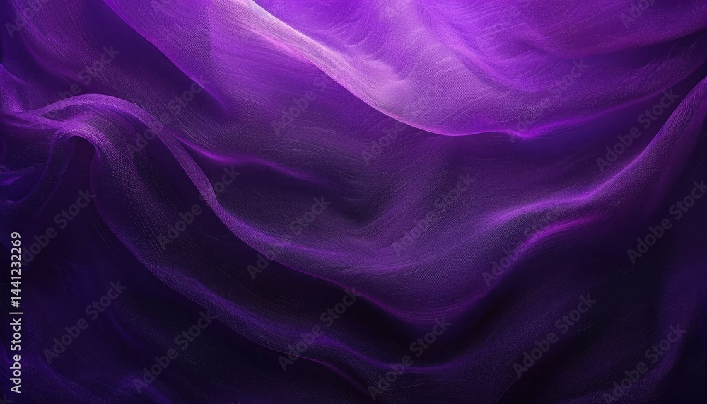 Poster flowing purple and violet silk fabric with soft, translucent waves creating a smooth and calming abs