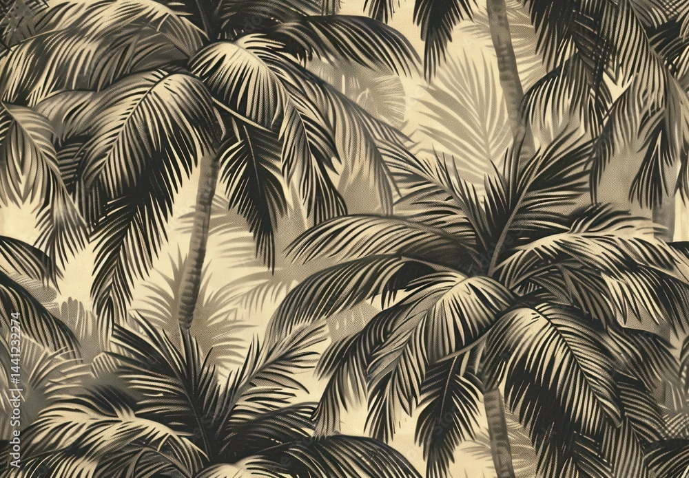 Poster dense pattern of palm tree leaves and trunks in monochrome sepia tones creating a tropical and calmi