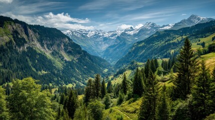 Fototapeta premium Explore the breathtaking beauty of the Swiss Alps with lush valleys and meadows Generative AI
