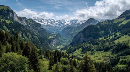 Obraz premium Explore the breathtaking Swiss Alps with lush valleys and majestic snowy peaks Generative AI