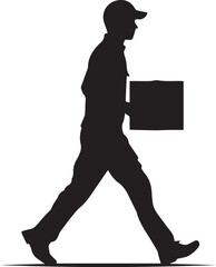 Silhouette Man Walking with Package Delivery Vector Icon Set. Courier Walking with Package Silhouette Icon Set