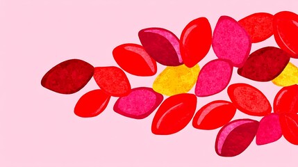Abstract art featuring red, pink, and yellow teardrop shapes scattered on a pink background