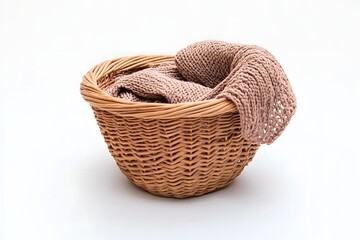 Obraz premium Woven Laundry Basket with Cozy Knit Blanket on White Background