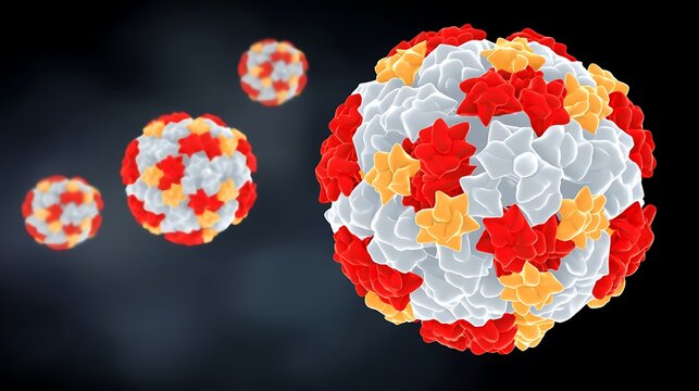 3D rendering of virus particles, showing icosahedral capsid structure with red, white, and orange subunits