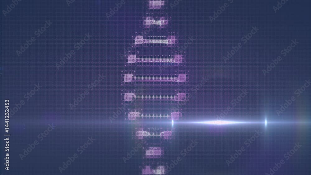 Poster vertical neon stack pulsing in 3d grid scene, with glowing bars and horizontal flare