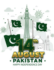 14th August Pakistan Independence Day celebration with Minar-e-Pakistan, national flags, fireworks, clouds, and iconic monuments in festive green and white