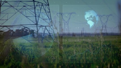 Electricity transmission towers rising over grassy field, showing globe HUD grids and line chart - Powered by Adobe