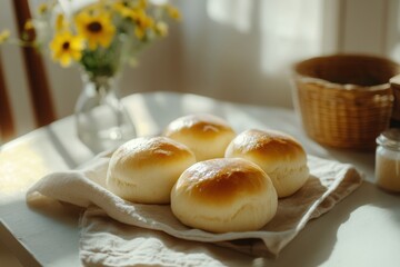 Freshly baked golden homemade bread buns on rustic fabric with natural light 
