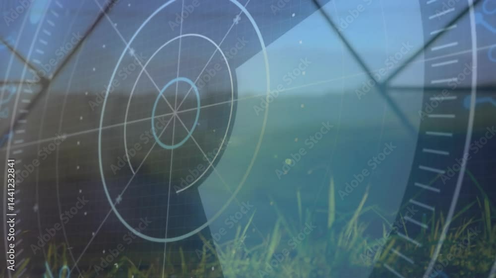 Poster solar panel rotating in grassy field, showing concentric rings, grid lines and data points hud