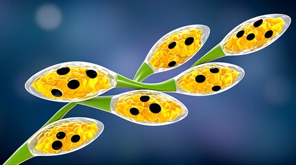 Obraz premium 3D render of fungal spores, yellow sacs with black dots, on green stem