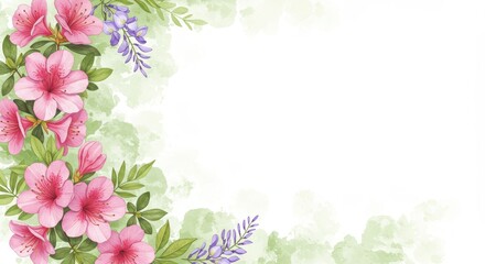 春の花のつつじと藤の水彩画イラスト