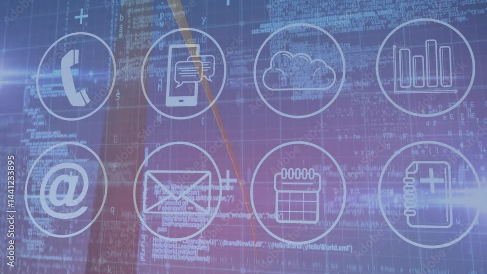 Poster digital interface animating on gradient background, floating eight white icons over gridlines, code