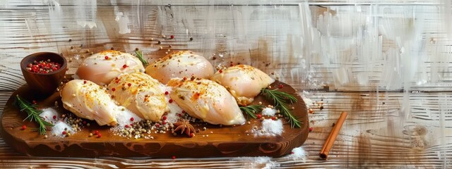 Raw chicken breasts seasoned with pepper, salt, and herbs on a wooden cutting board with sprigs of rosemary and a cinnamon stick on a rustic wooden surface, evoking a fresh cooking preparation mood