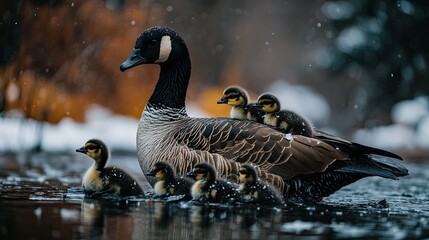 Canada Goose Family, Representing Unity and Nature's Beauty Industrial Machine and Factory Robot Arm Holding Network Cable Plug, Smart Factory Industry 4.0 Concept 
