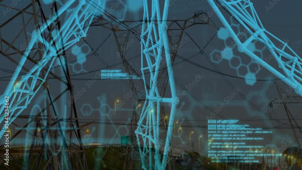 Poster central tower projecting glowing data overlay, linking pylons through hexagon grid in flat design