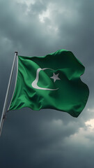 Striking HD view of Libya's solid green flag waving powerfully under threatening storm clouds. The minimalist design stands out dramatically against dark skies.