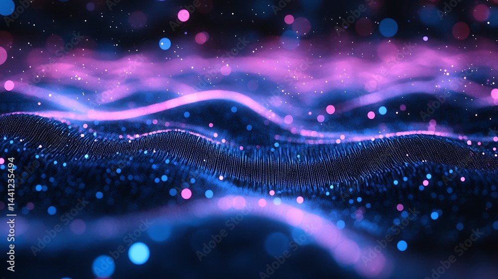 Poster abstract digital art with flowing neon waves and sparkling particles on a dark background