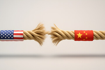 Symbolic tug of war between USA and China — conceptual minimalist image representing economic and political rivalry