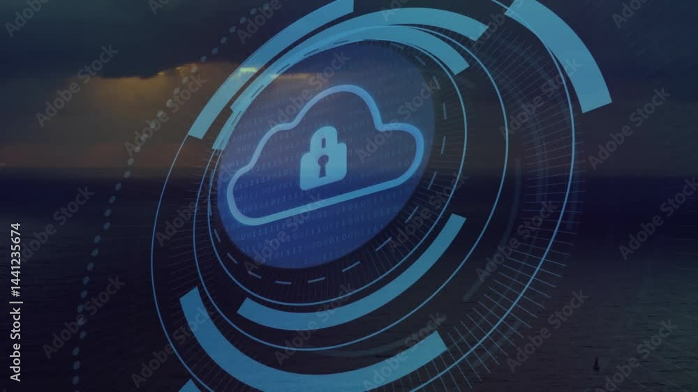 Poster blue cloud padlock floating over sea, glowing concentric rings orbiting icon, streaming binary code