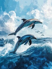 Obraz premium a pod of dolphins swimming in the open ocean - ai