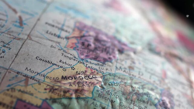 Old World Map Showing Closeup of Morocco With Worn Surface and Colored Details - 4K