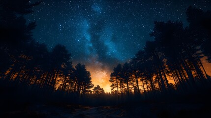 Naklejka premium Stargazing through the forest canopy, celestial brilliance over a serene natural setting.