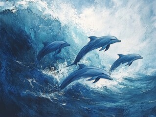 Obraz premium a pod of dolphins swimming in the open ocean - ai