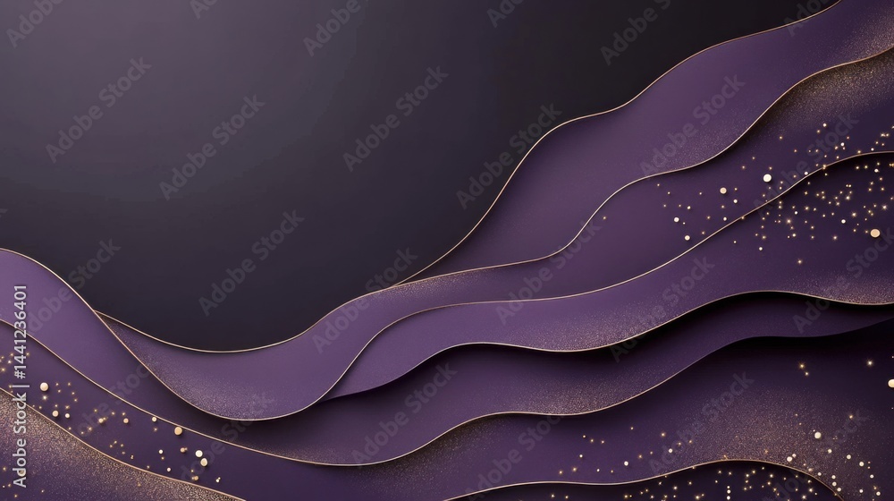 Poster smooth dark purple backdrop with a delicate overlay of scattered gold sparkles, elegant and minimal 