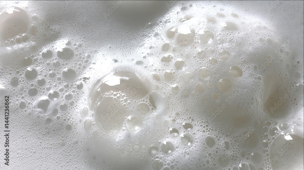 Poster pristine white foam bubbles clustering in varying sizes, creating textured surface representing clea