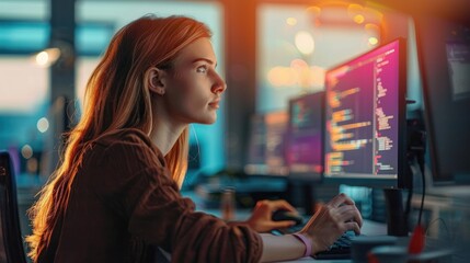 Focused young woman working on computer programming in a dimly lit office environment with multiple monitors and colorful screen reflections