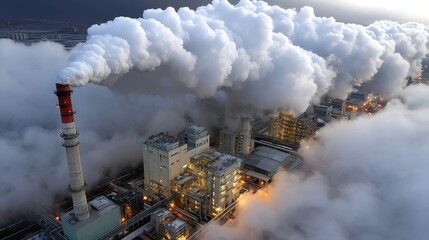 Aerial view of a power plant emitting large amounts of smoke and steam from its chimneys and cooling towers at dusk, creating a dramatic scene of industrial activity and environmental impact