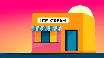 Sunset view of a cheerful ice cream shop