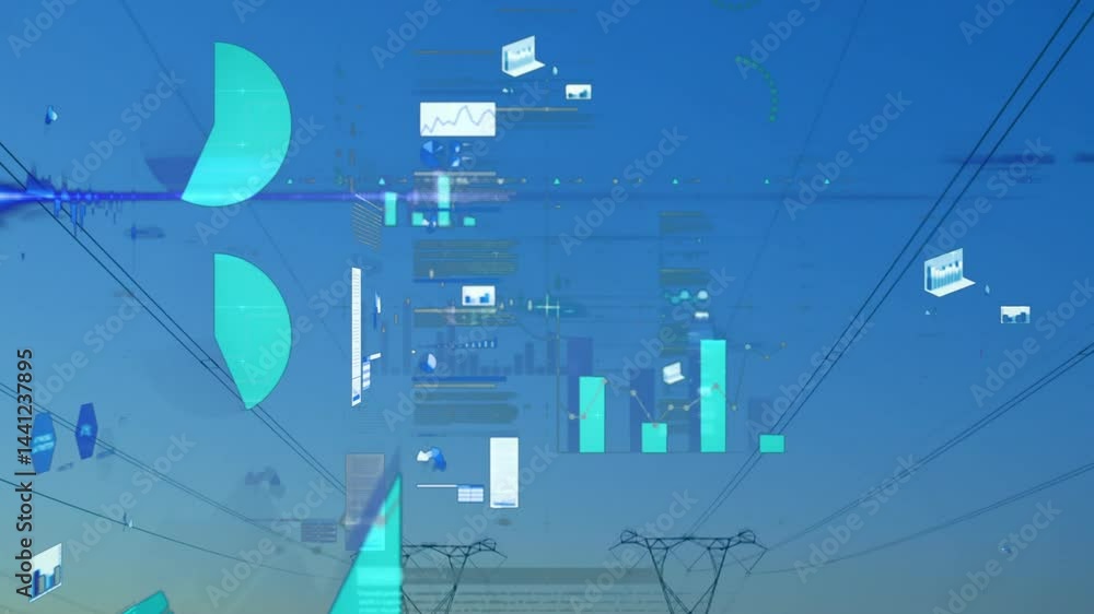 Aufkleber central power towers projecting floating data charts over dusk, showing real-time energy analytics