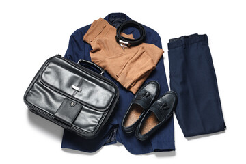 Naklejka premium Composition with stylish male clothes, accessories and shoes on white background
