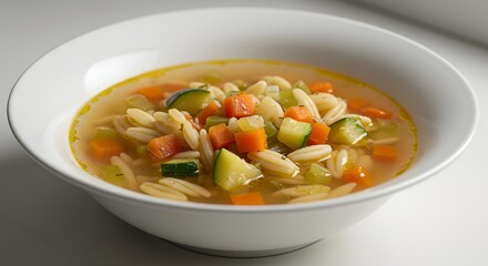 A bowl of orzo pasta soup with carrots and zucchini in a white bowl on a white surface background