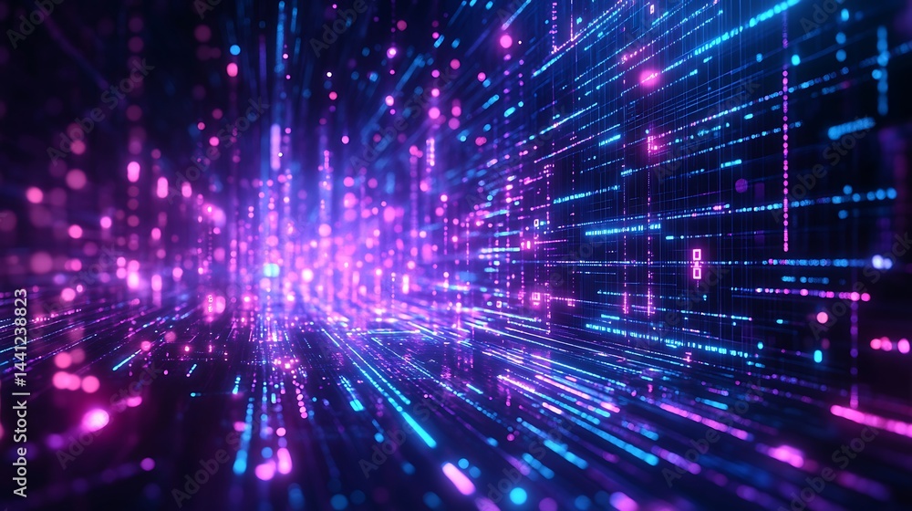 Aufkleber abstract digital art with flowing neon waves and sparkling particles on a dark background