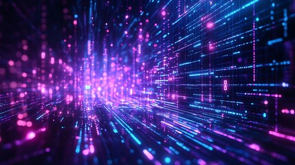 Naklejka premium Abstract digital art with flowing neon waves and sparkling particles on a dark background