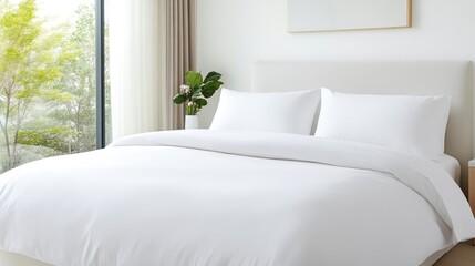 Modern bedroom with crisp white bedding.  Spacious room with large windows showcasing lush greenery outside. Minimalist design