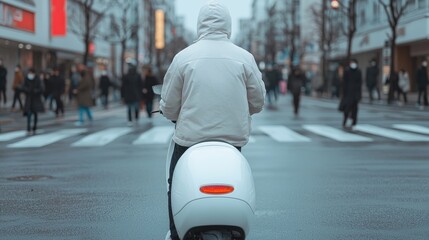 Fototapeta premium Person on a scooter in a city street. A person wearing a light beige jacket rides a white scooter on a city street. Pedestrians cross the street