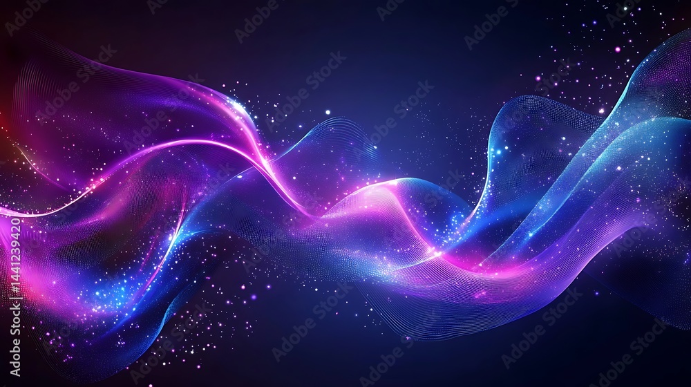 Poster abstract digital art with flowing neon waves and sparkling particles on a dark background