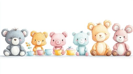 Naklejka premium Adorable Cartoon Animals with Tea Cups for Kids Coloring Book Page